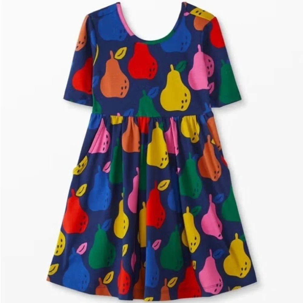 Hanna Andersson jersey skater dress Colorful Pears On Navy elbow rainbow toddler
